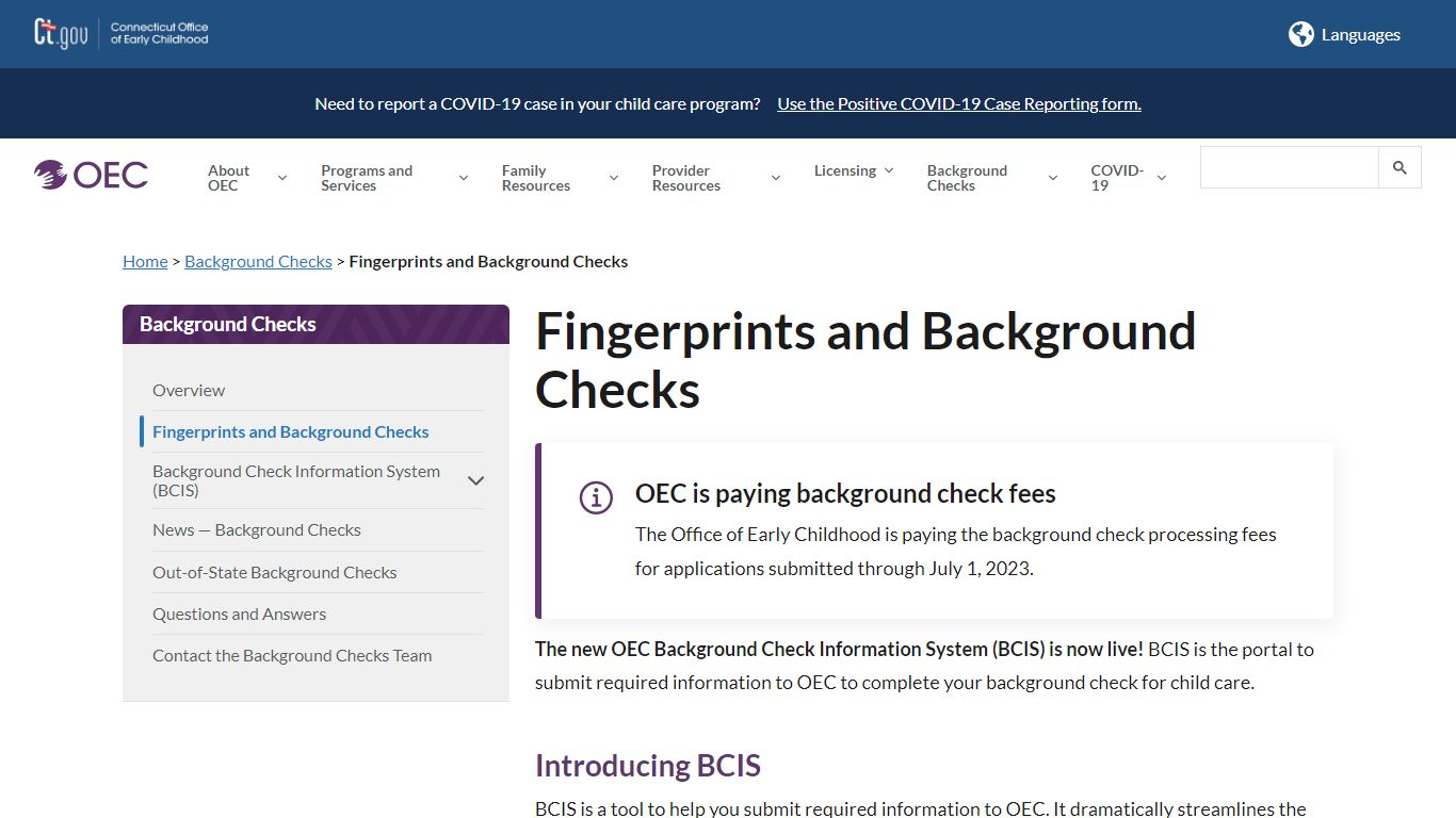 Fingerprints and Background Checks - Connecticut Office of Early Childhood